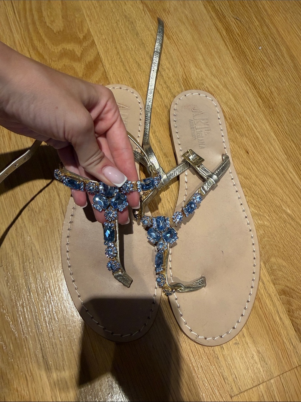 Italian Shoemakers Gold Sandals with Blue Gem Accents